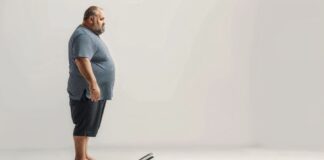 Homem com excesso de peso em pé sobre uma balança digital, olhando para frente, em ambiente neutro e iluminado.