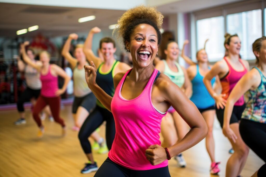 Mulheres participando de aula de dança animada em grupo dentro de estúdio, com destaque para aluna sorridente em primeiro plano.