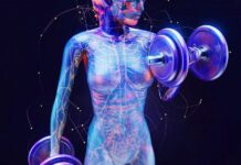 Mulher treinando com halteres, com destaque para sistemas hormonais internos, representando a conexão entre treino e equilíbrio hormonal.