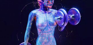 Mulher treinando com halteres, com destaque para sistemas hormonais internos, representando a conexão entre treino e equilíbrio hormonal.