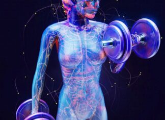 Mulher treinando com halteres, com destaque para sistemas hormonais internos, representando a conexão entre treino e equilíbrio hormonal.