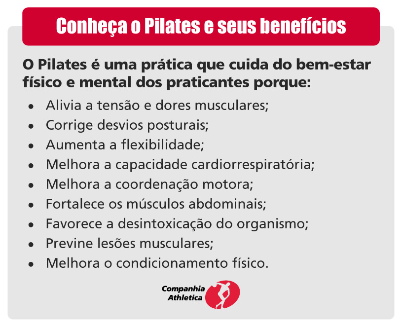 Conheça o Pilates e seus benefícios O Pilates é uma prática que cuida do bem-estar físico e mental dos praticantes porque:
Alivia a tensão e dores musculares;
Corrige desvios posturais;
Aumenta a flexibilidade;
Melhora a capacidade cardiorrespiratória;
Melhora a coordenação motora;
Fortalece os músculos abdominais;
Favorece a desintoxicação do organismo;
Previne lesões musculares;
Melhora o condicionamento físico.
