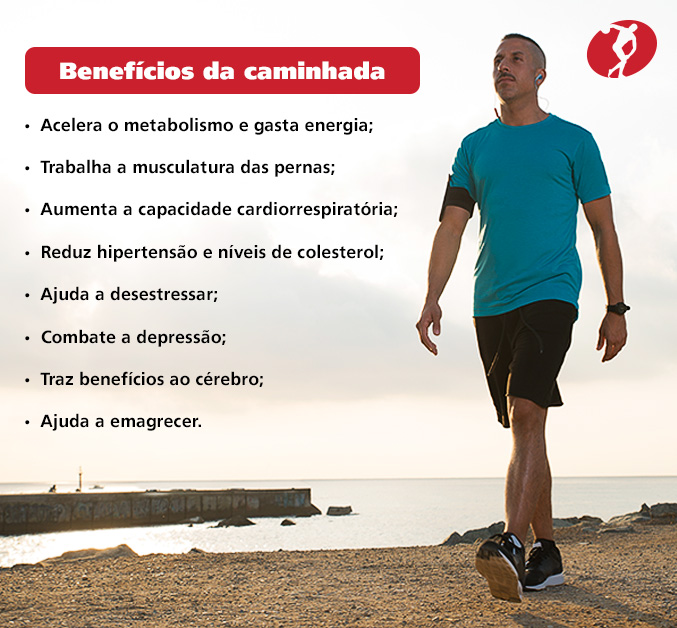 Benefícios da caminhada: acelera o metabolismo e gasta energia; trabalha a musculatura das pernas; aumenta a capacidade cardiorrespiratória; reduz hipertensão e níveis de colesterol; ajuda a desestressar; combate a depressão; traz benefícios ao cérebro; ajuda a emagrecer.