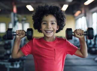 Musculação para crianças e adolescentes: saiba quando começar Pequeno atleta simula treino de musculação para crianças e adolescentes, segurando halteres com as mãos.