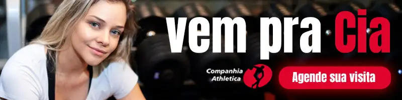 Banner da Cia Athletica com mulher em ambiente de academia, chamada “Vem pra Cia” e botão vermelho “Agende sua visita”.