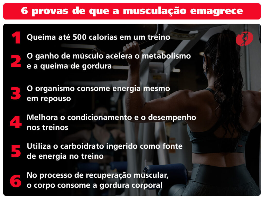 6 provas de que a musculação emagrece
1 Queima até 500 calorias em um treino.
2 O ganho de músculo acelera o metabolismo e a queima de gordura.
3 O organismo consome energia mesmo em repouso.
4 Melhora o condicionamento e o desempenho nos treinos.
5 Utiliza o carboidrato ingerido como fonte de energia no treino.
6 No processo de recuperação muscular, o corpo consome a gordura corporal.