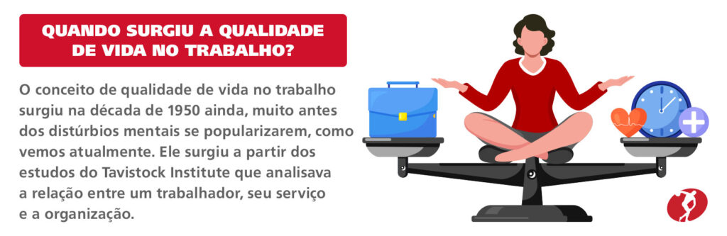 Quando surgiu a qualidade de vida no trabalho? O conceito de qualidade de vida no trabalho surgiu na década de 1950 ainda, muito antes dos distúrbios mentais se popularizarem, como vemos atualmente. Ele surgiu a partir dos estudos do Tavistock Institute que analisava a relação entre um trabalhador, seu serviço e a organização.