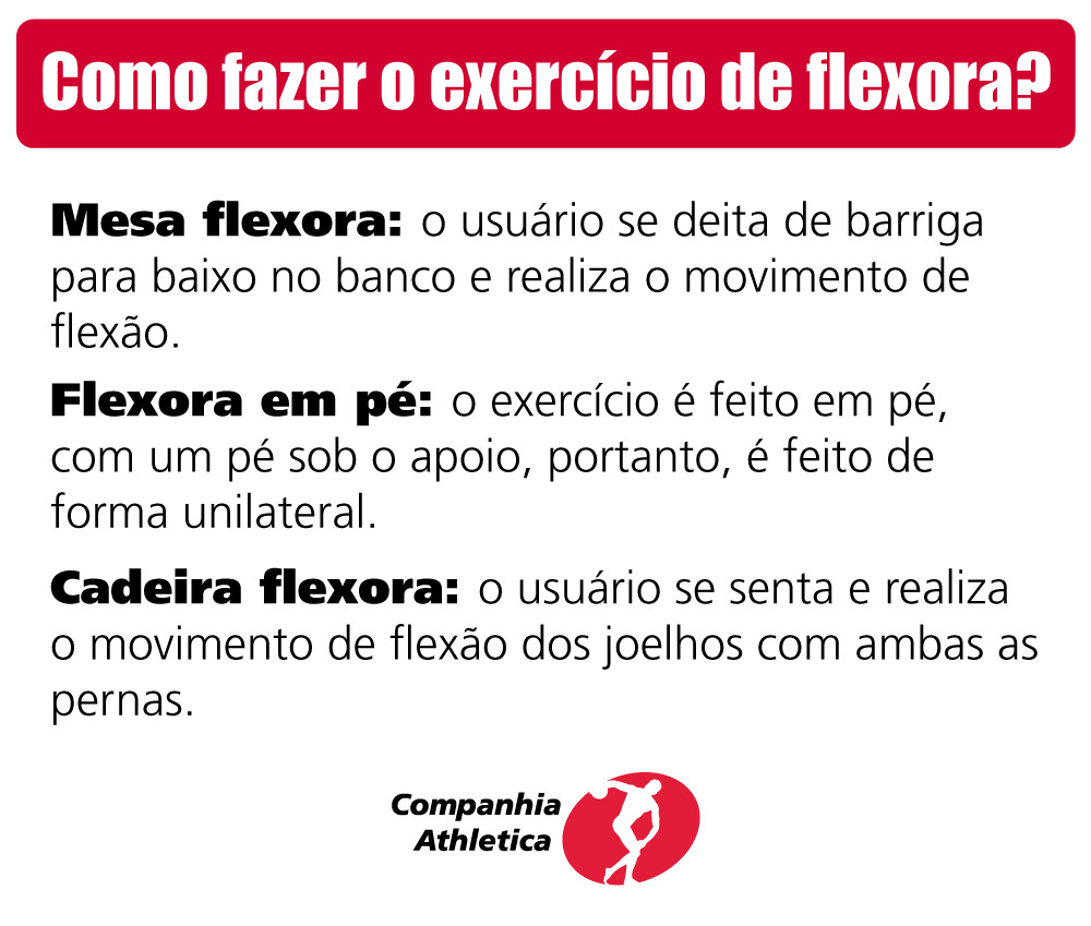 Como fazer o exercício de flexora?
Mesa flexora: o usuário se deita de barriga para baixo no banco e realiza o movimento de flexão.
Flexora em pé: o exercício é feito em pé, com um pé sob o apoio, portanto, é feito de forma unilateral.
Cadeira flexora: o usuário se senta e realiza o movimento de flexão dos joelhos com ambas as pernas.