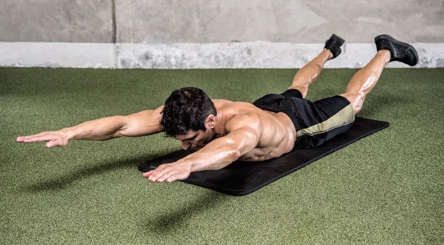 Homem realizando o exercício superman.