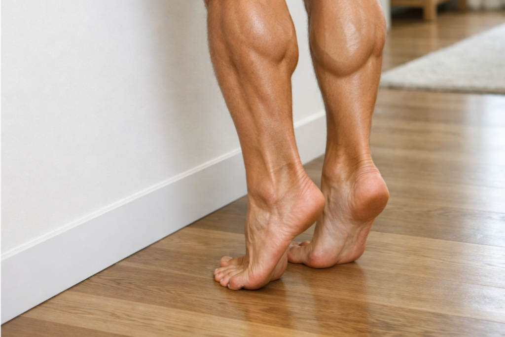 Panturrilhas musculosas de homem em pé na ponta dos pés sobre piso de madeira em exercício sem equipamento