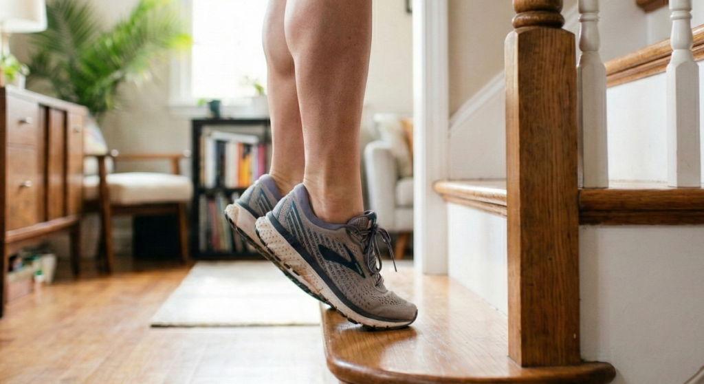 Mulher realizando elevação de panturrilha na ponta dos pés em degrau de escada em casa