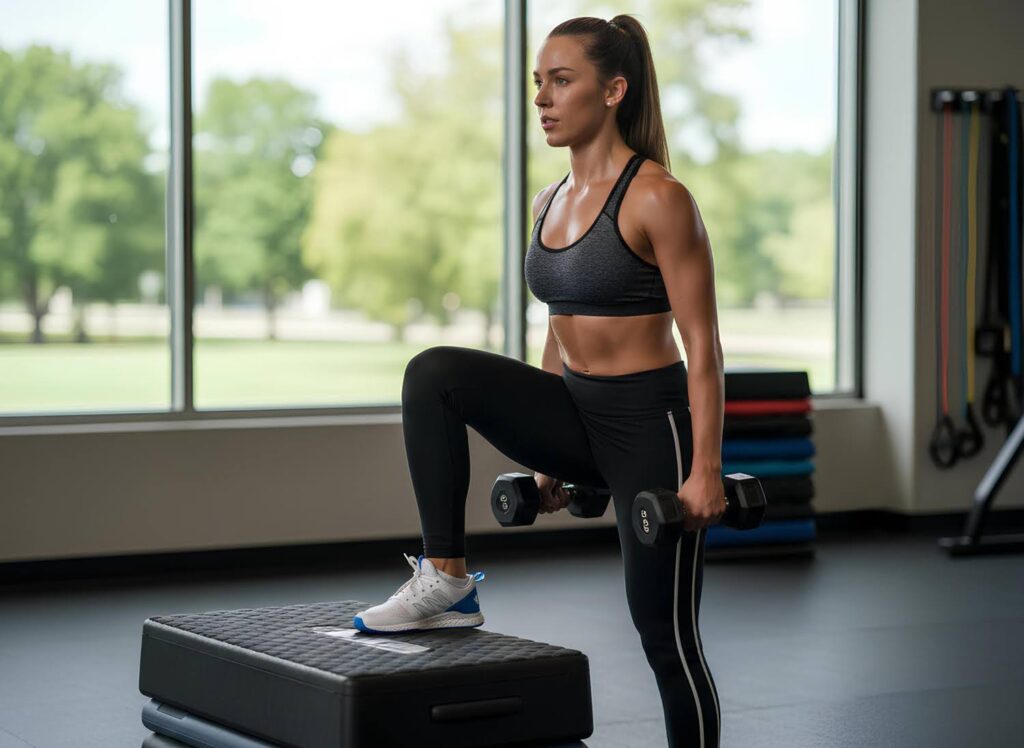 Mulher fazendo afundo com halteres usando step como apoio elevado para o pé da frente.
