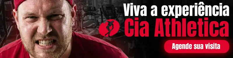 Homem em treino intenso na academia com chamada para experiência da Cia Athletica.