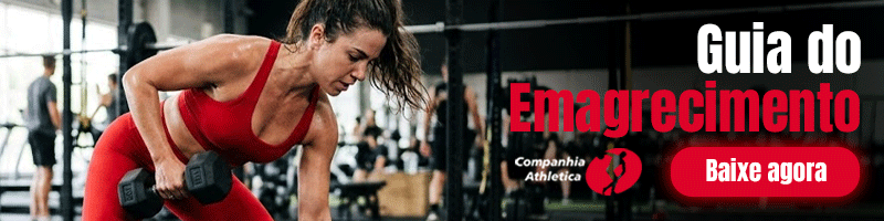 Como a Cia Athletica trabalha o acompanhamento profissional? Banner da Cia Athletica mostra mulher treinando com halteres na academia, ao lado da frase “Guia do Emagrecimento” e botão vermelho “Baixe agora”.