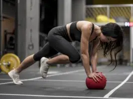 Mulher realiza exercício em posição de prancha com apoio sobre uma bola medicinal durante treino funcional de alta intensidade, representando o HIIT e o condicionamento cardiovascular.