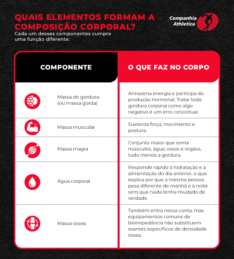 Infográfico da Companhia Athletica apresenta os componentes da composição corporal: massa de gordura, massa muscular, massa magra, água corporal e massa óssea, com a função de cada um no organismo.
