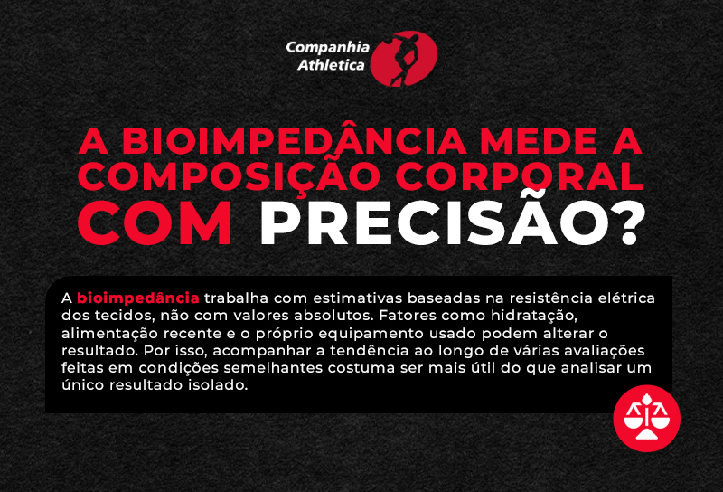 Arte da Companhia Athletica explica que a bioimpedância mede a composição corporal por estimativas e que fatores como hidratação, alimentação e equipamento podem alterar o resultado.