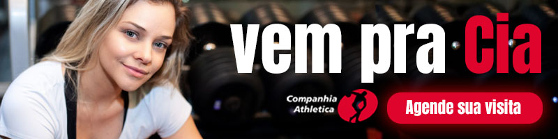 Banner da Cia Athletica com mulher em ambiente de academia, chamada “Vem pra Cia” e botão vermelho “Agende sua visita”.